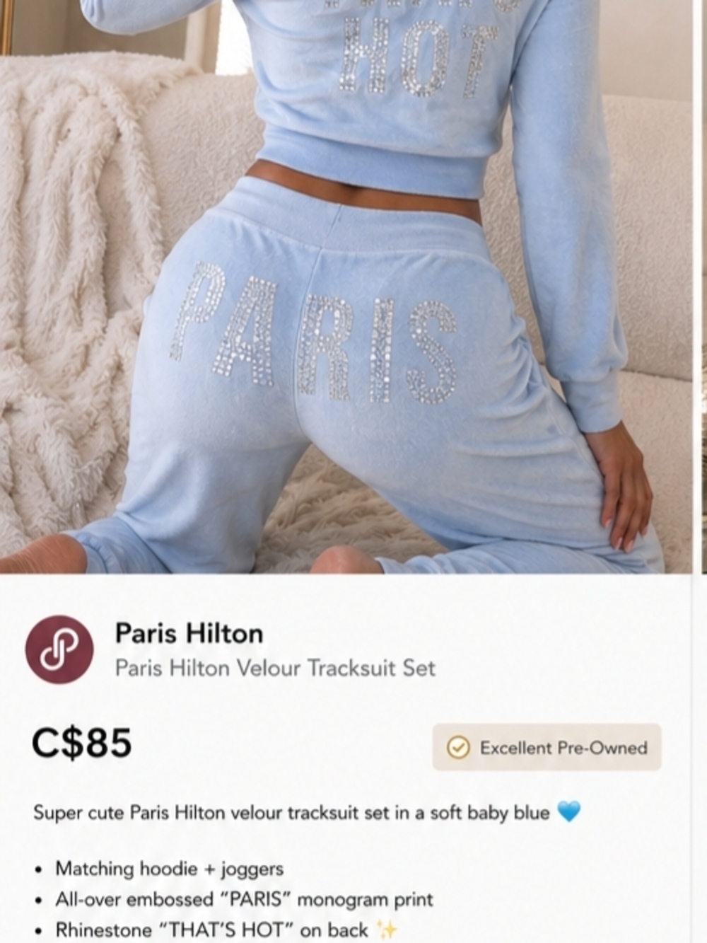 Paris Hilton Light Blue Velour Rhinestone 'PARIS' Tracksuit